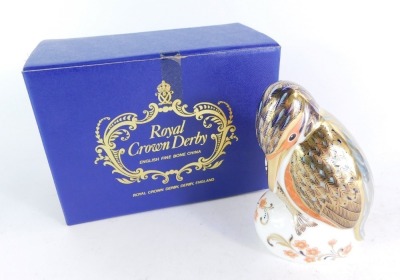 A Royal Crown Derby Imari Kingfisher paperweight, sat on perch, silver stopper, No LVI, 12cm high, boxed. - 6