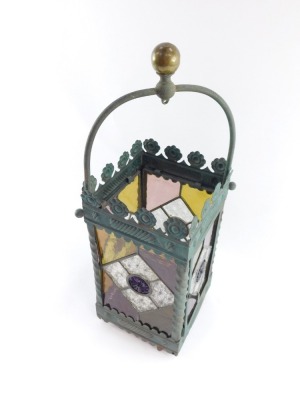 A Victorian style stained glass lantern, the metal finished outer surround with root supports, the rectangular glazed panel with yellow and pink finished glaze, 44cm high, 16cm wide. - 2