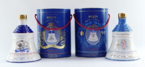 Two Bell's Old Scotch Whisky decanters, to commemorate the 90th Birthday of HM Queen Elizabeth The Queen Mother, 4th August 1990, and to commemorate the Birth of Princess Eugene of York, 23rd March 1990, boxed.