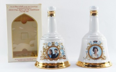 Two commemorative Bell's Scotch Whisky decanters, to include one to commemorate the Marriage of H R H Prince Andrew with Miss Sarah Ferguson, 23rd July 1986, with outer box, another to commemorate the 16th Birthday of HM Queen Elizabeth II, April 21st 198