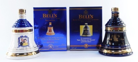 Two Bell's Old Scotch Whisky decanters, one to commemorate the Prince of Wales 50th Birthday 1998, and another to commemorate The Golden Wedding Anniversary of The Queen and The Duke of Edinburgh, both boxed.