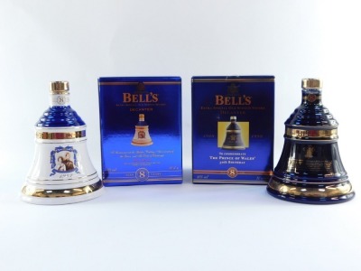Two Bell's Old Scotch Whisky decanters, one to commemorate the Prince of Wales 50th Birthday 1998, and another to commemorate The Golden Wedding Anniversary of The Queen and The Duke of Edinburgh, both boxed. - 2