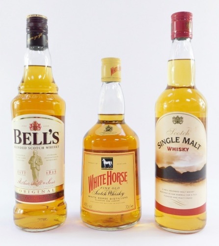 Three bottles of whisky, comprising Scotch Single Malt Whisky, Bell's Blended Scotch Whisky, and White Horse Distilleries Scotch Whisky, 70cl bottles.