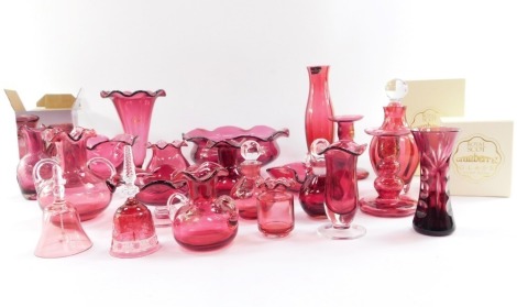 A group of Cranberry glass wares, to include Royal Scot., Pilgrim Cranberry glass wares., Dartington Crystal cranberry glass, vases, decanters and stoppers, etc. (1 tray, 3 boxes)