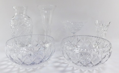 A group of cut glass wares, comprising a Royal Brierley sweet dish on stand, two crystal fruit bowls, a Waterford Nocturn bud vase, a Royal Brierley stem vase and a Thomas Webb baluster vase. (6)