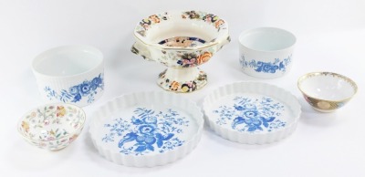 A group of ceramics, comprising a Minton Haddon Hall pattern sugar bowl, a Spode Regency pattern sugar bowl, a Mason's Mandarin pattern comport, a pair of Royal Worcester Rhapsody pattern tureens, and a pair of Royal Worcester Rhapsody pattern flan dishes