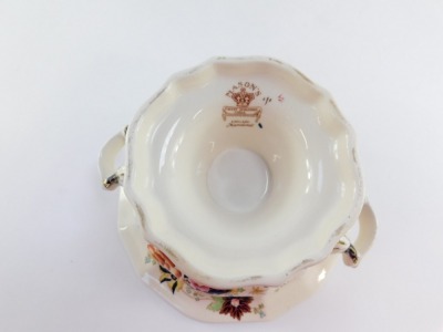 A group of ceramics, comprising a Minton Haddon Hall pattern sugar bowl, a Spode Regency pattern sugar bowl, a Mason's Mandarin pattern comport, a pair of Royal Worcester Rhapsody pattern tureens, and a pair of Royal Worcester Rhapsody pattern flan dishes - 7