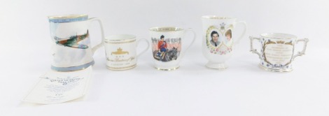 Commemorative tankards, comprising an Aynsley Queen Elizabeth II God Save The Queen tankard, a Royal Crown Derby Marriage of Prince Andrew to Miss Sarah Ferguson, limited edition 363/1000, a Wedgwood Birth of Princess Beatrice of York, Crown Staffordshire