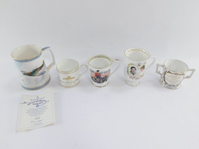 Commemorative tankards, comprising an Aynsley Queen Elizabeth II God Save The Queen tankard, a Royal Crown Derby Marriage of Prince Andrew to Miss Sarah Ferguson, limited edition 363/1000, a Wedgwood Birth of Princess Beatrice of York, Crown Staffordshire - 2