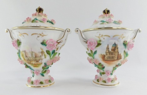 Two Coalport Coalbrookdale Collection Royal vases, to commemorate the Marriage of The Prince of Wales and Lady Diana Spencer, 29th July 1981, and another for HM Queen Elizabeth II Silver Jubilee 1952-1977, in similar design, depicting London buildings, wi