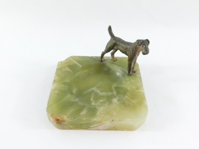 An 1950's onyx ashtray, with cast figure of a dog, 8cm high, on 12cm x 12cm base. (AF) - 5