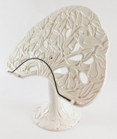 A cast iron cookery book stand, in white finish with bird and flower arched topped detailing on stemmed foot, 31cm high.