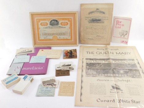 A group of maritime ephemera, to include The Daily Telegraph supplement for the Queen Mary, American Line certificate dated 1920, a framed United States Lines Company a hundred shares notes, black and white postcards, a Mauretania brochure, Orient Line ph