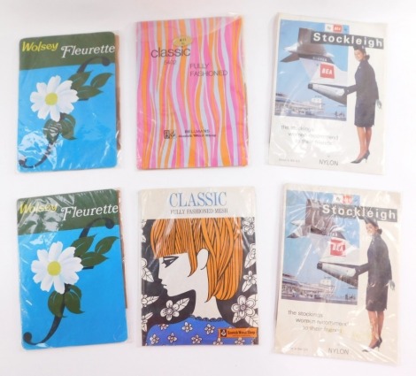 A group of vintage hosiery, comprising the Classic 5402 tights, two Stockley nylon tights, a Classic Scotch Wool Shop tights and two Wolsey Fleurette tights.
