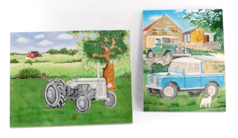 Two modern ceramic plaques, each with farm scene, one with tractor, one with trucks and sheep, 28cm x 36cm, 36cm x 28cm. (2)