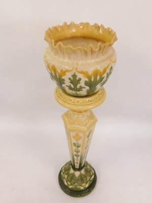 An Art Nouveau pottert jardiniere and stand, with green and yellow floral flared rim bowl, with leaf detailing, stamped LAP Leeds, England, 306B, on a matching hexagonal stemmed circular foot base, 112cm high overall. - 3