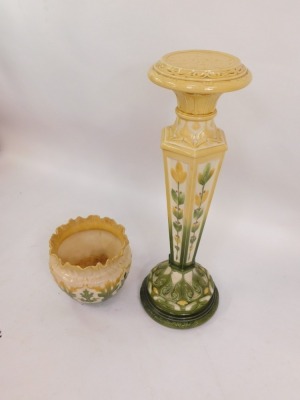 An Art Nouveau pottert jardiniere and stand, with green and yellow floral flared rim bowl, with leaf detailing, stamped LAP Leeds, England, 306B, on a matching hexagonal stemmed circular foot base, 112cm high overall. - 4