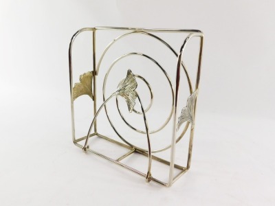 A Silea mid century silver plated napkin holder, with three leaf cast sections, 6cm high, 22cm wide, 22cm deep. - 2