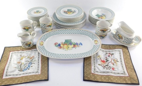 A Villeroy & Boch Basket pattern part dinner and tea service, comprising gravy boat and saucer, six soup bowls, milk jug, six side plates, six cups and saucers, six small plates, six dinner plates, and a serving tray. (1 tray plus)