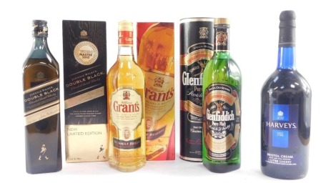 A Glenfiddich Pure Malt Scotch Whisky, Johnnie Walker Double Black Limited Edition Blended Scotch Whisky, Grants Finest Scotch Whisky, and Harvey's Bristol Cream. (4)