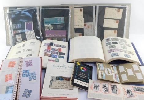 Philately QV-EII, definitives and commemoratives,mint and used, Victorian 1d red and 1/2d red on envelopes, Empire and Commonwealth, mint blocks, first day covers, etc, in four albums and assorted books. (a quantity)