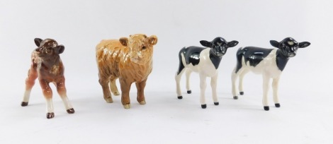 Four Beswick calfs, comprising two Friesian calves, a Diary Shorthorn calf and a Lady Oxford calf, each approx 8cm high.