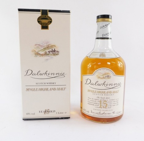 A Dalwhinnie Single Highland Malt Scotch Whisky, Aged To 15 Years, 1lt bottle, in cardboard case, 24cm high.