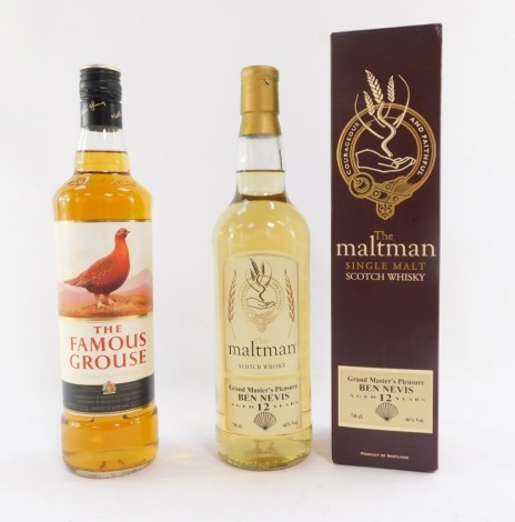 Two bottles of Scotch Whisky, comprising The Famous Grouse, 70cl, and The Maltman Single Malt Scotch Whisky, Aged To Twelve Years, in cardboard case.