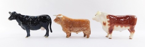 Three Beswick bulls, comprising Highland bull, 13cm high, Hereford bull, 12cm high, and a Galloway cow.