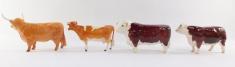 Four Beswick cows, comprising Hereford CH of Champions cow, 11cm high, a Herefore CH of Champions bull, 11cm high, and a Friesian cow, 12cm high, and a Highland cow, 14cm high.