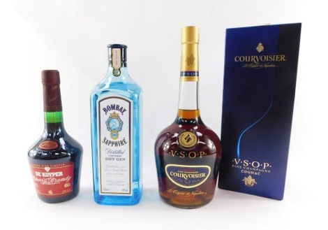 Three bottles of alcohol, comprising De Kuyper liqueur, Bombay Sapphire London Dry Gin, 100cl bottle, and a Courvoisier Cognac, boxed.