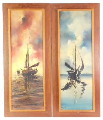 Rahmat (20th School). Sailing vessels, blue and orange finishes, oil on canvas, 76cm x 24.5cm, in wooden frames. (2)