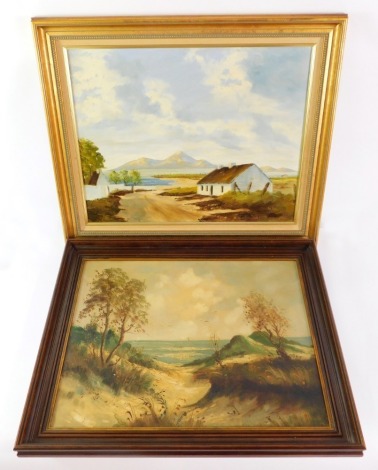 Two paintings, comprising Joe Rice (20thC school). Coastal scene, with thatched cottage, oil on panel, signed, 39cm x 49cm, in modern frame, and a further unsigned oil on canvas seascape, 39cm x 49cm, framed.