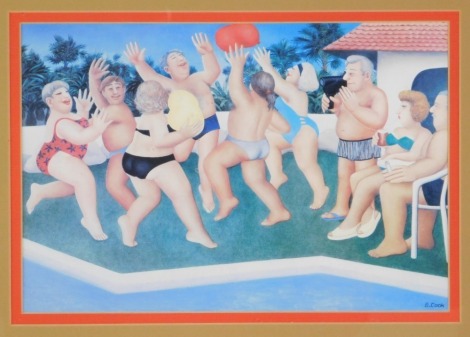 After Beryl Cook. Pool party with balloons, print, 20cm x 29cm, framed and glazed.