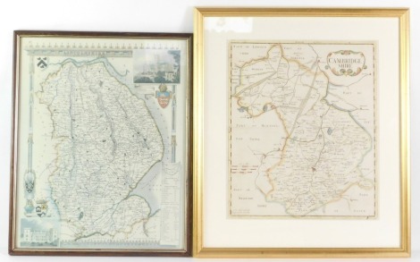 Two maps, comprising a print of the map of Lincolnshire, and a hand coloured Robert Morden map of Cambridgeshire, each framed and glazed, 50cm x 40cm and 43cm x 37cm.