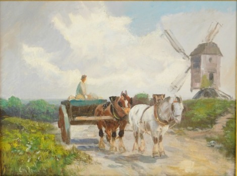 E W Upwall (20thC School). Figure on horseback by windmill, oil on canvas, signed, 29cm x 40cm, in gilt frame.