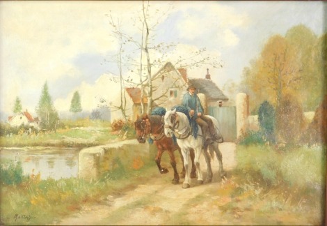 Madzazi (20thC School). Figure on horseback near outbuildings, oil on canvas, signed, 36cm x 53cm.