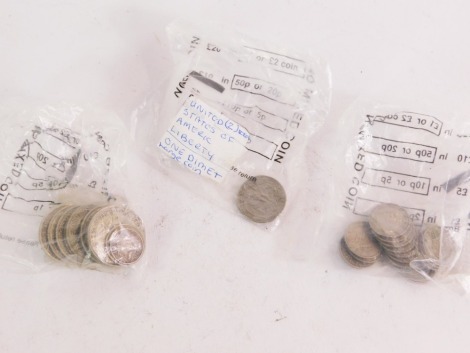 A group of silver coinage, to include two shilling bits, six pence pieces, etc. (a quantity)