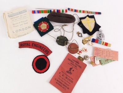 Military ephemera, to include Royal Engineers shoulder badges, various other shoulder badges, medal ribbon bars, ration books and war guides, etc. (2 boxes)