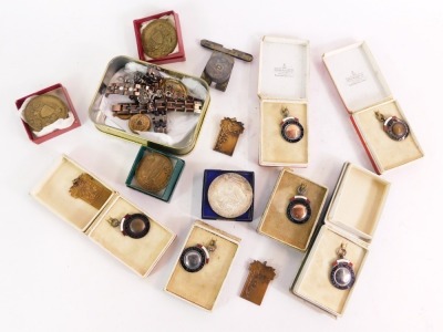 A group of silver Kensington Athletics Club badges, Sweet Pea Society medal, plated jewellery, medallions, etc. (1 box)