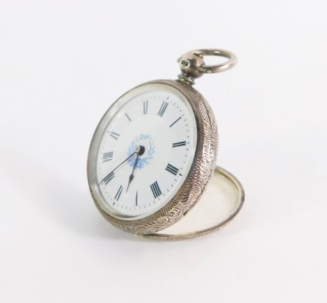 A Continental silver fob watch, with white enamel dial and painted blue flower detailing, black Roman numerals and hands, Birmingham 1878, 41.4g all in.