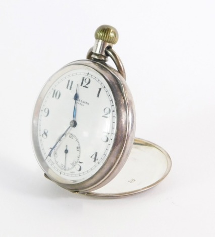 A J W Benson Ltd silver pocket watch, with white enamel dial, blue hands and seconds dial, makers stamp JWB, London 1937, bezel wind, 103.1g all in, boxed.