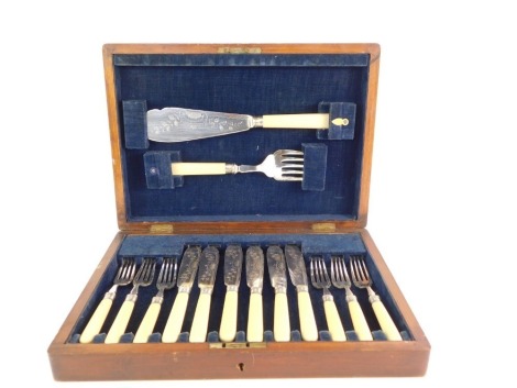 A Victorian ivory handled fish serving canteen, with serving implements and six place settings, with plated blades and silver collars, Sheffield 1898, in a mahogany fitted case.