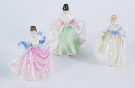 Three small Royal Doulton figures, comprising Fair Lady HN3216, 9cm high, Sara HN3219, 10cm high, and Rebecca HN3413, 10cm high, all boxed.