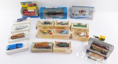 A group of collector's cars, to include Corgi James Bond Aston Martin, Exclusive First Editions ER Bus, Lledo Days Gone models, Thrust II bearing signature, etc. (1 tray)