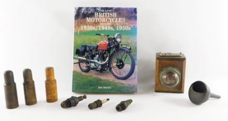 Automobilia. Wood cased spark plug, plugs by Renault-Freres, Billancourt, wooden cased cycle lamp, smith early funnel and filter, various spark plugs and a A-Z of British motorcycles from 1930'sto 1950s.