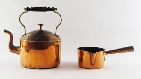 A Victorian copper kettle, with ebonised handle, and a milk pan stamped Chantilly 120F beneath a coronet and letter M. (2)