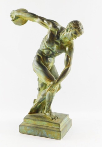 A patinated plaster figure of the Discobolus of Myron, on a stepped base, 41cm high.