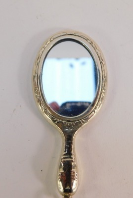 A silver miniature hand mirror pendant and chain, the neo-classical design hand held mirror, marked 925, on a box link chain, the pendant 8cm high, the chain 60cm long, 31.1g all in. - 2