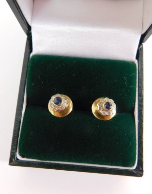 A pair of sapphire and diamond 18ct gold earrings, each cluster formed with central sapphire surrounding by tiny diamonds, with large butterfly safety backs, 2.6g all in, stud 6mm wide, boxed. - 2